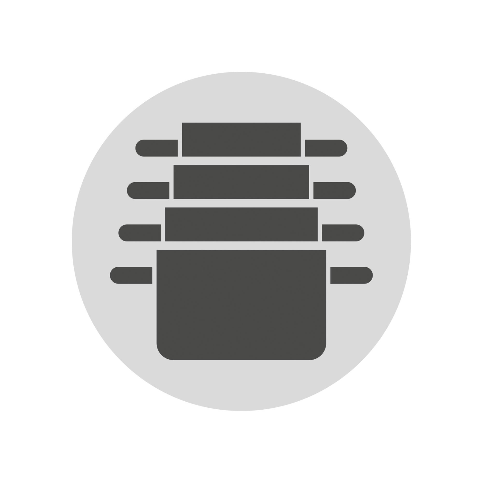Das Bild zeigt das Symbol von ineinander gestapelten Töpfen. Die Töpfe sind als schwarze Silhouetten auf einem grauen Kreis dargestellt.