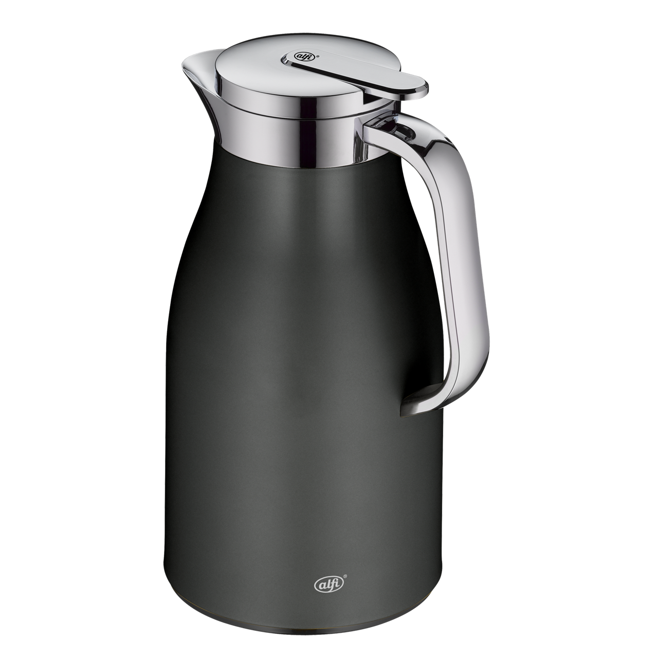 Die Isolierkanne Skyline Cool grey 1,0L hat ein modernes Design mit mattem grauen Körper und glänzenden Metallakzenten. Sie eignet sich ideal zum Warm- oder Kalthalten von Getränken.