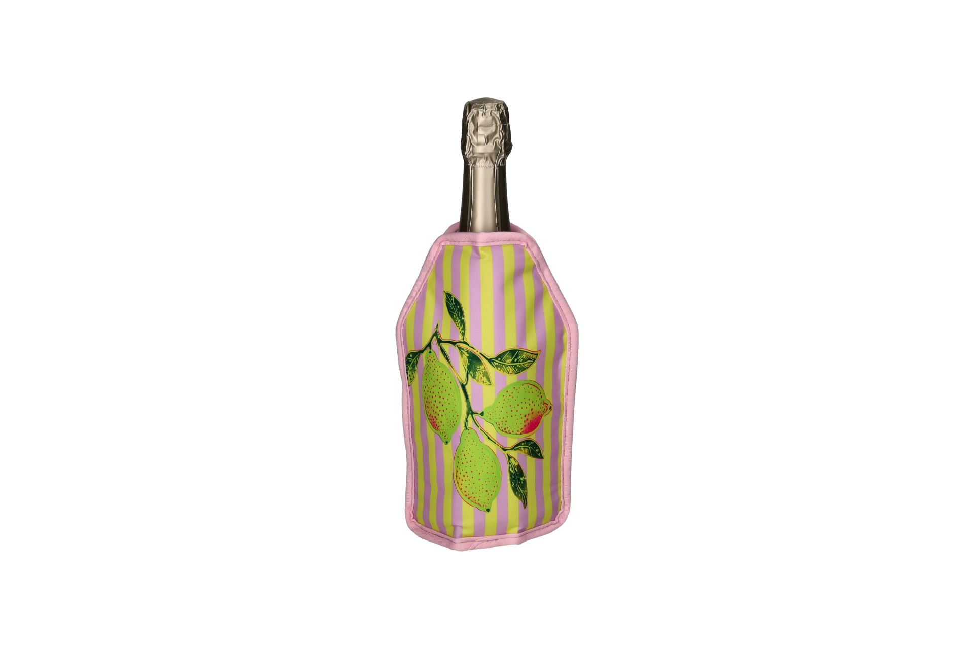 Kühlmanschette Froid mit Zitronenmotiv in pink und gelb. Die Kühlmanschette dient zum Kühlen von Flaschen.