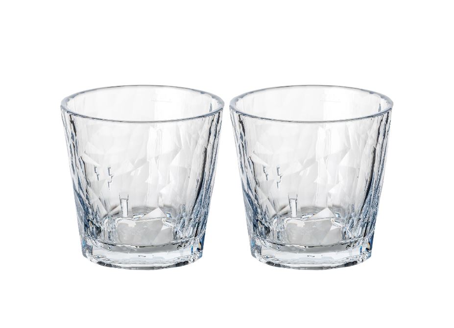 Das Bild zeigt zwei glasklare Trinkgläser mit einer facettierten Oberfläche. Es handelt sich um das Produkt „Superglas Club No. 22 250ml 2er Set Crystal Clear“.