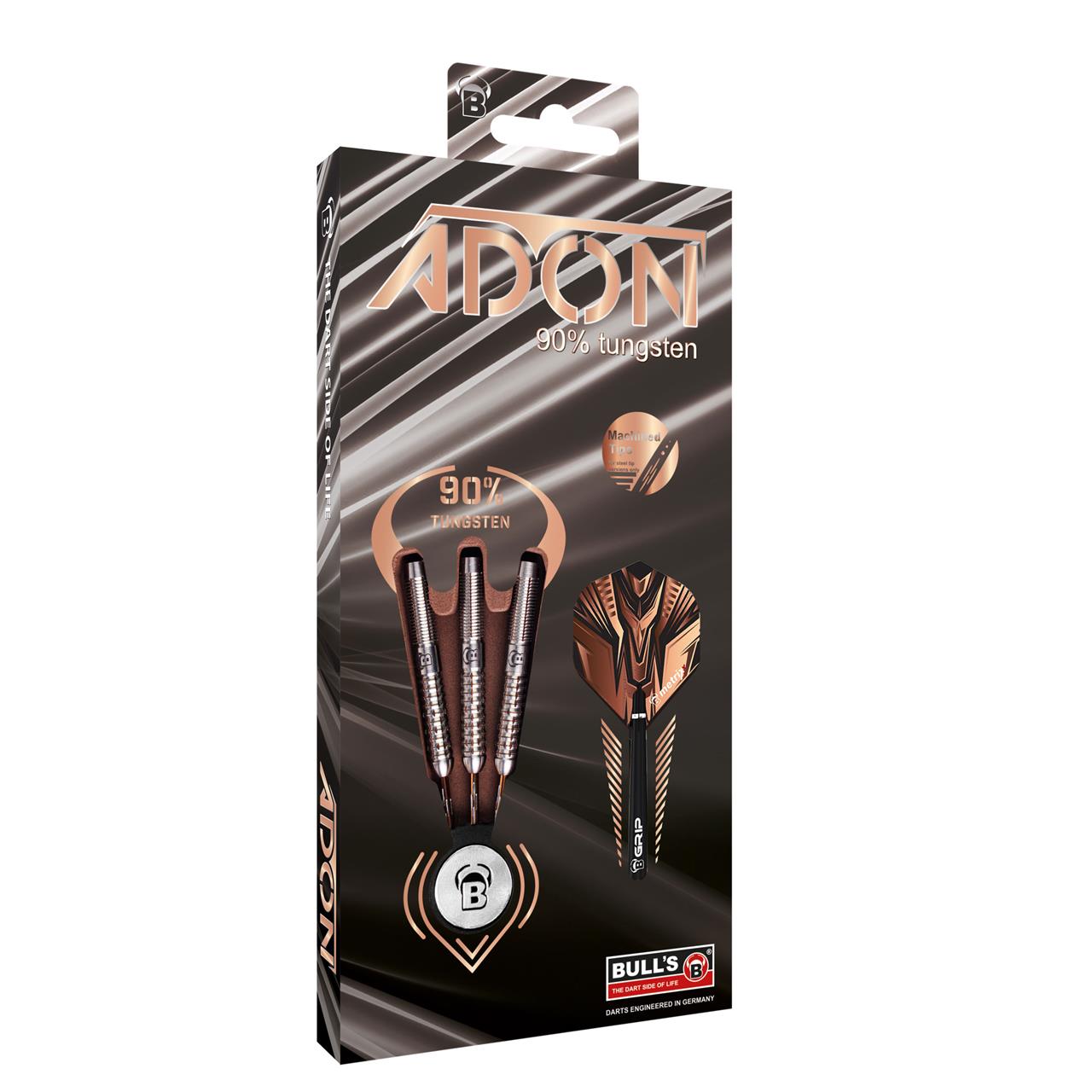 Das Bild zeigt eine Verpackung des Produkts „BULL'S® Adon Steel Dart 25g“. Auf der Vorderseite sind drei Darts abgebildet, die aus 90% Tungsten bestehen.