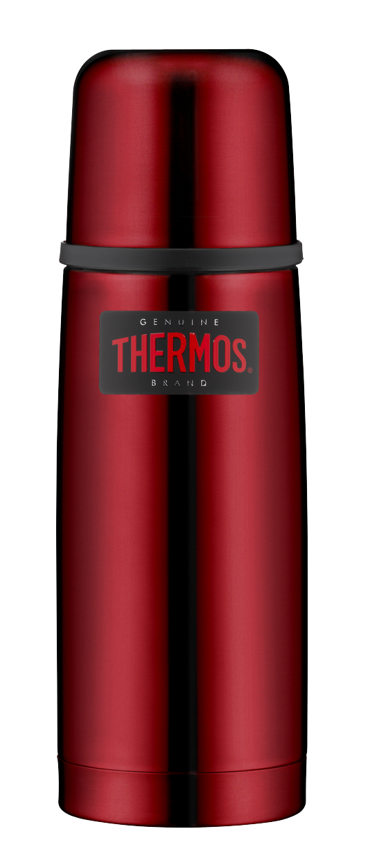 Auf dem Bild ist eine rote Thermosflasche zu sehen. Auf der Flasche steht das Logo „THERMOS“.