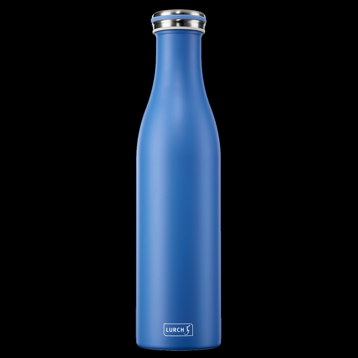 Die Abbildung zeigt eine Isolierflasche aus Edelstahl mit einem Fassungsvermögen von 0,75 Litern in der Farbe Azur. Die Flasche hat eine schlanke Form und einen silbernen Schraubverschluss.