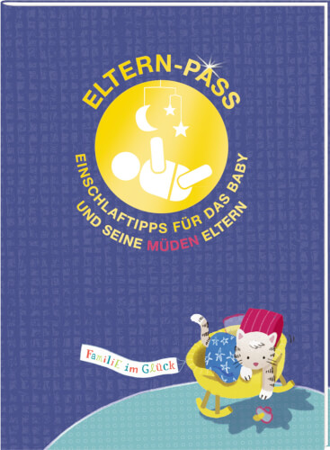Auf dem Bild ist ein Buchcover mit dem Titel "Eltern-Pass" zu sehen. Unten rechts sitzt eine schlafende Katze in einem gelben Schaukelstuhl.
