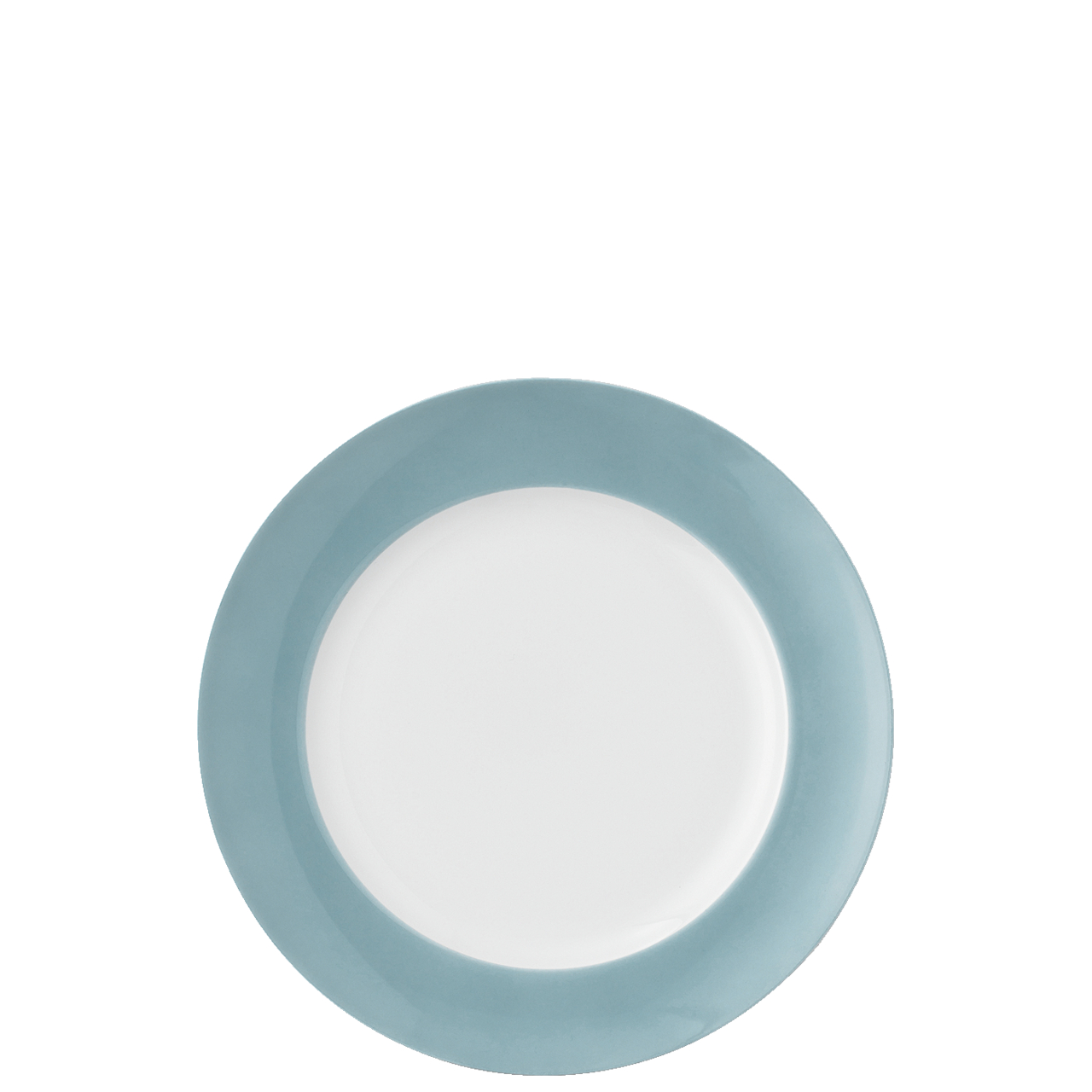 Der Teller hat einen Durchmesser von 22 cm und gehört zur Serie "Sunny Day / Soft Blue". Er ist innen weiß und hat einen breiten, hellblauen Rand.