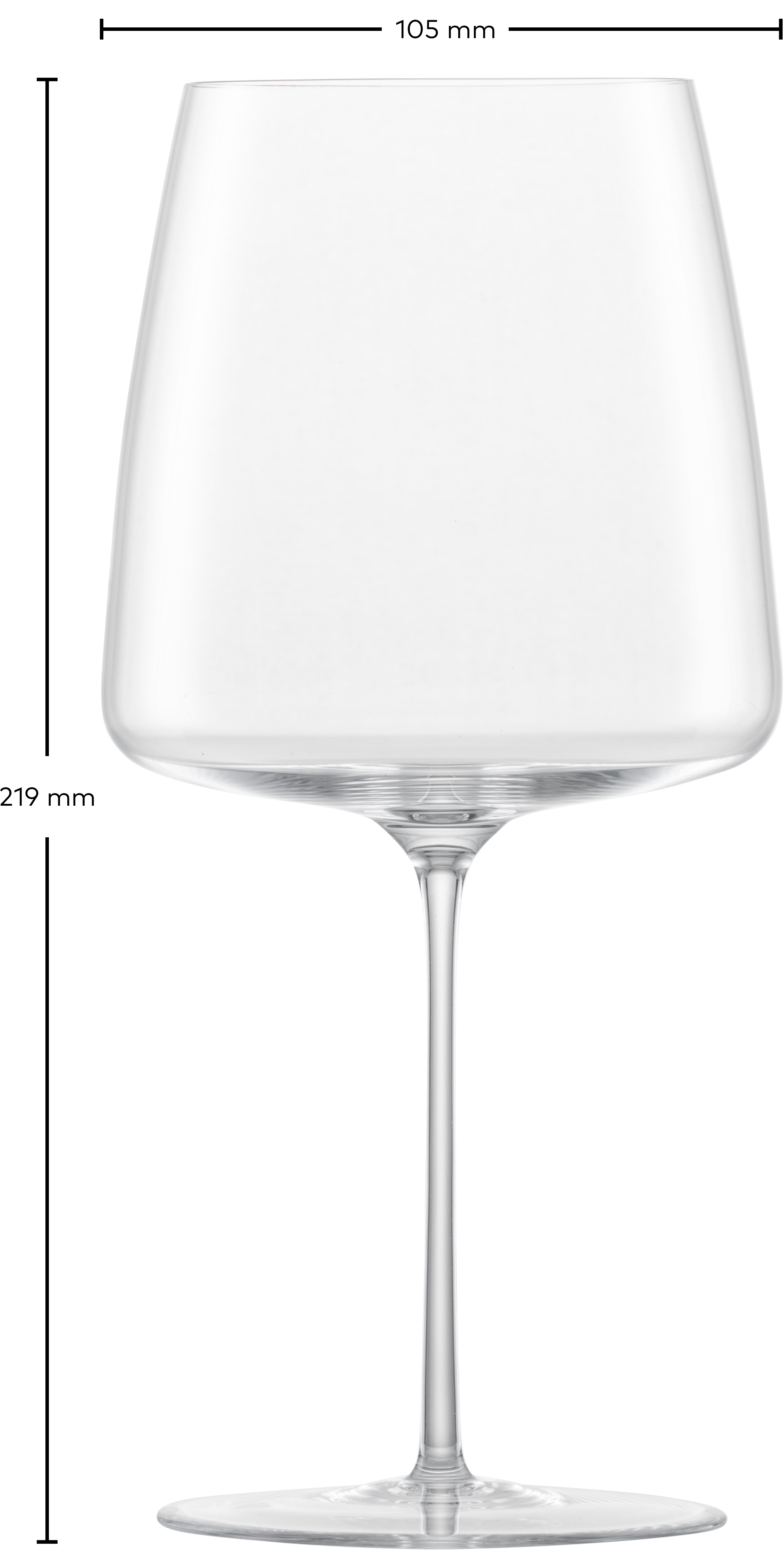 Das Bild zeigt ein Weinglas mit einem langen Stiel. Das Glas ist 219 mm hoch und hat einen Durchmesser von 105 mm.