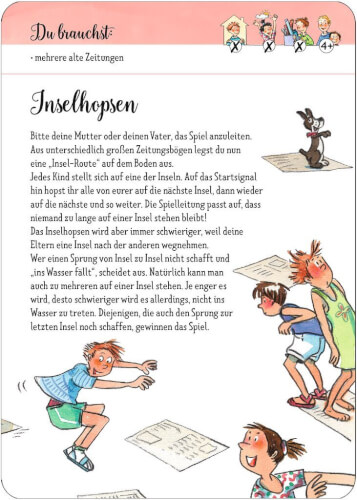 Auf dem Bild sieht man mehrere Kinder, die fröhlich von einem Zeitungsblatt zum nächsten springen. Sie spielen ein Spiel namens "Inselhopsen", bei dem die Zeitungen als Inseln dienen.