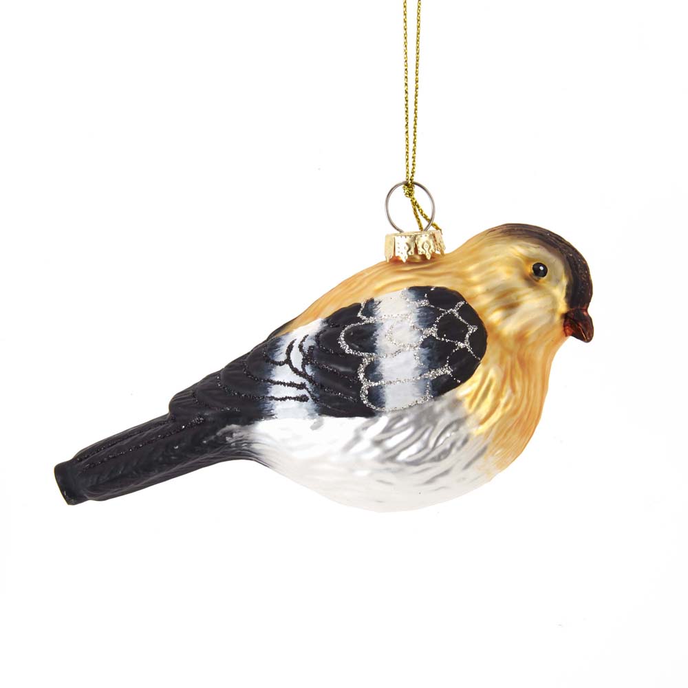 Die Abbildung zeigt einen Baumschmuck in Form eines Vogels in Schwarz und Gelb. Der Vogel ist detailreich gestaltet und kann mit einer goldenen Schnur aufgehängt werden.