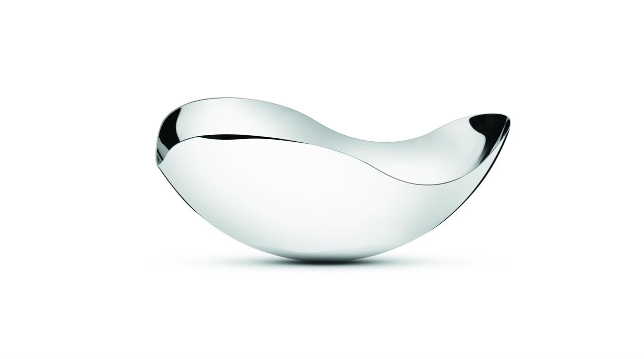 Die Abbildung zeigt eine kleine, elegante Schale aus Edelstahl mit einer organisch geschwungenen Form. Das Produkt heißt "Bloom Schale 260mm klein Edelstahl".