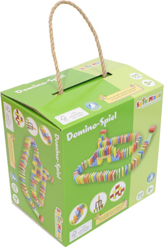 Auf dem Bild ist eine grüne Verpackung für ein Domino-Spiel zu sehen. Die Schachtel hat einen Tragegriff und zeigt bunte Dominosteine und verschiedene Aufbaumöglichkeiten.