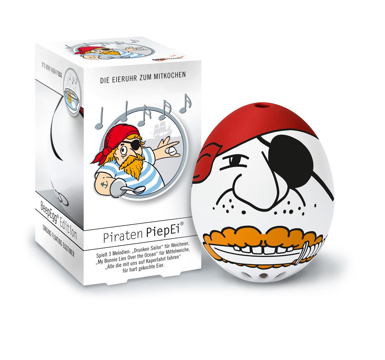 Das Bild zeigt das Produkt "PiepEi Piraten", ein Eiertimer in Form eines Eis mit einem Piratenmotiv. Neben dem PiepEi steht die dazugehörige Verpackung, auf der ebenfalls ein gezeichneter Pirat abgebildet ist.