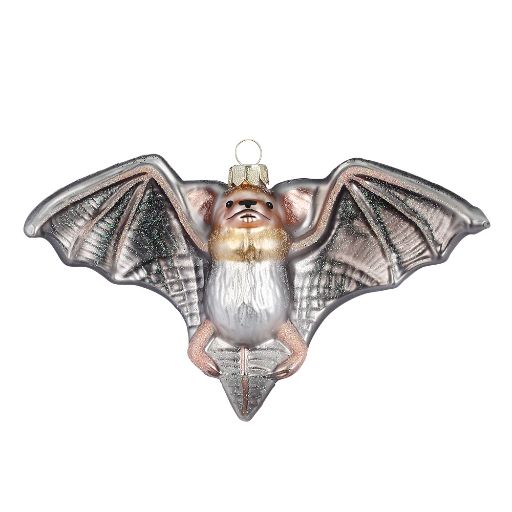 Der Baumanhänger zeigt eine Fledermaus mit ausgebreiteten Flügeln. Die Figur ist 11 cm groß und mit glitzernden Farben verziert.
