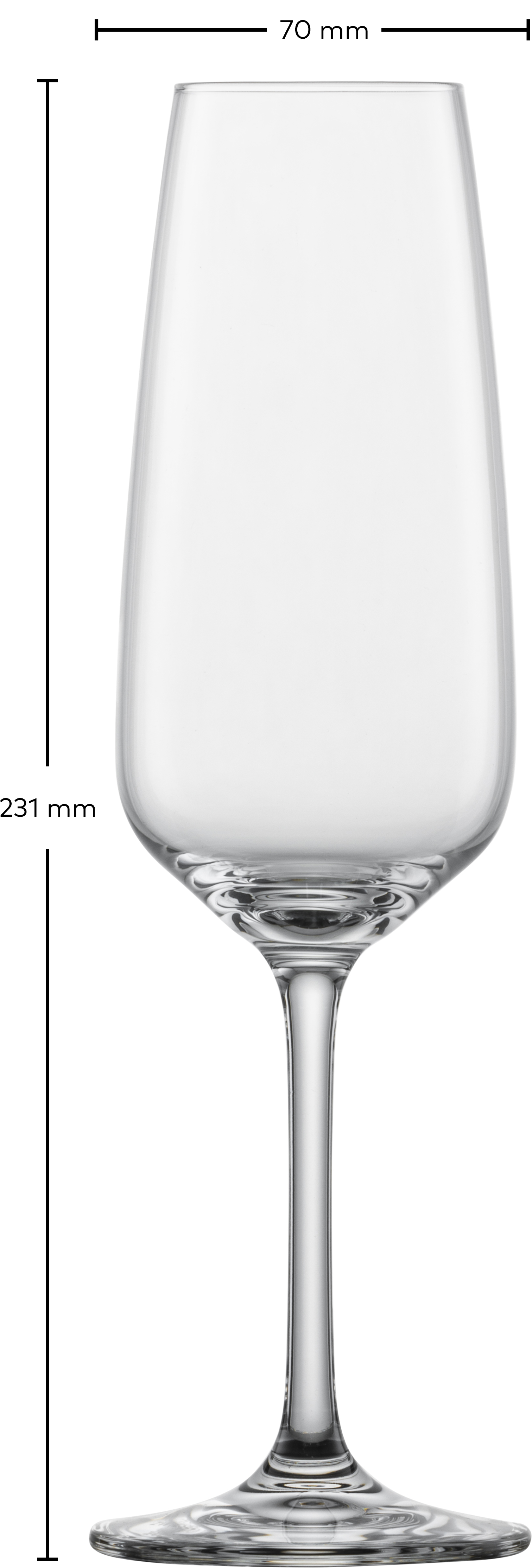 Das Bild zeigt ein Sektglas mit einer Höhe von 231 mm. Der Durchmesser am oberen Rand beträgt 70 mm.