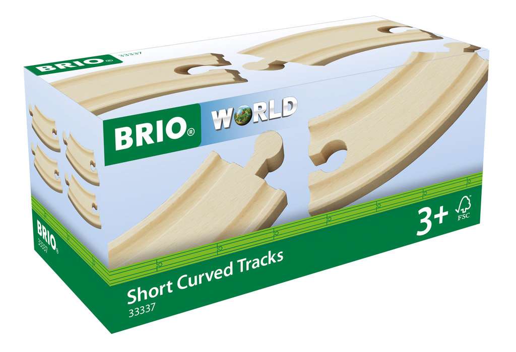 Die Abbildung zeigt die Verpackung der BRIO® Kurze gebogene Gleise 33337. Die Box enthält kurze, gebogene Holzschienen für Kinder ab 3 Jahren.
