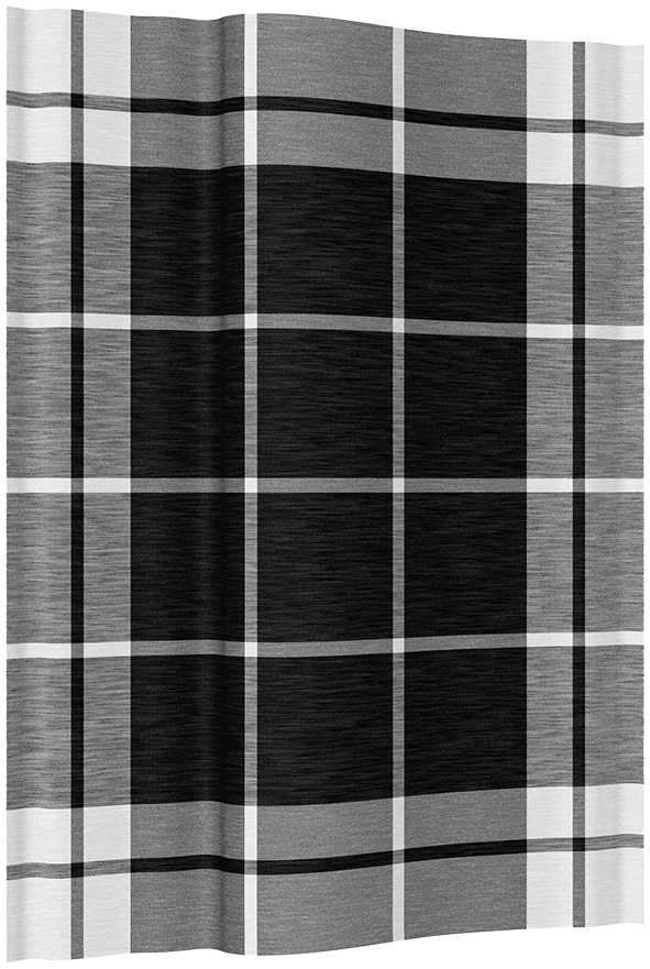 Das Bild zeigt ein Geschirrtuch mit einem schwarzen Karomuster. Es besteht aus Halbleinen und hat die Größe 50x70 cm.