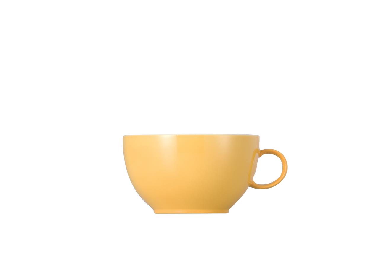 Die Abbildung zeigt eine gelbe Cappuccino-Tasse mit Henkel. Die Tasse hat ein Fassungsvermögen von 0,38 Litern.