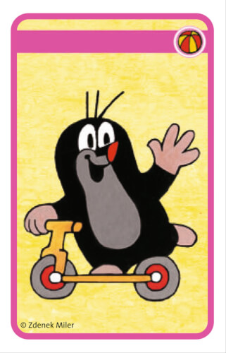 Auf dem Bild ist ein fröhlicher Maulwurf auf einem Roller zu sehen. Er winkt mit einer Hand und lächelt.