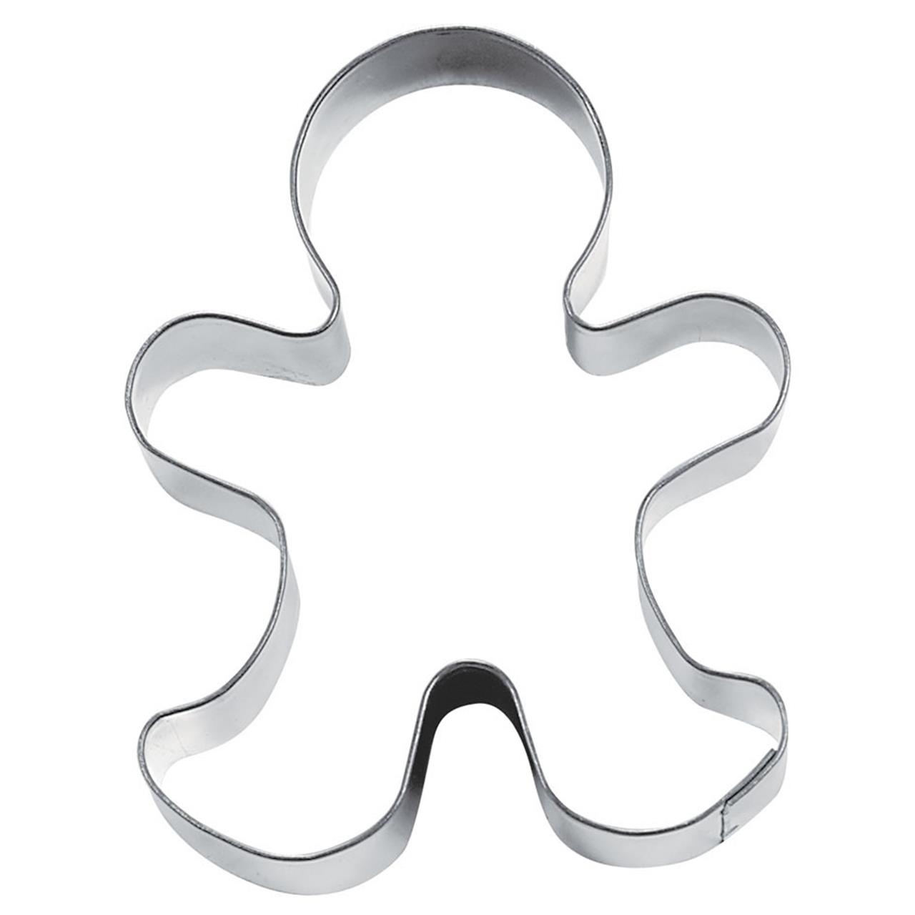 Das Bild zeigt einen Ausstecher in Form eines Lebkuchenmanns. Der Ausstecher ist aus Metall und etwa 7 cm groß.