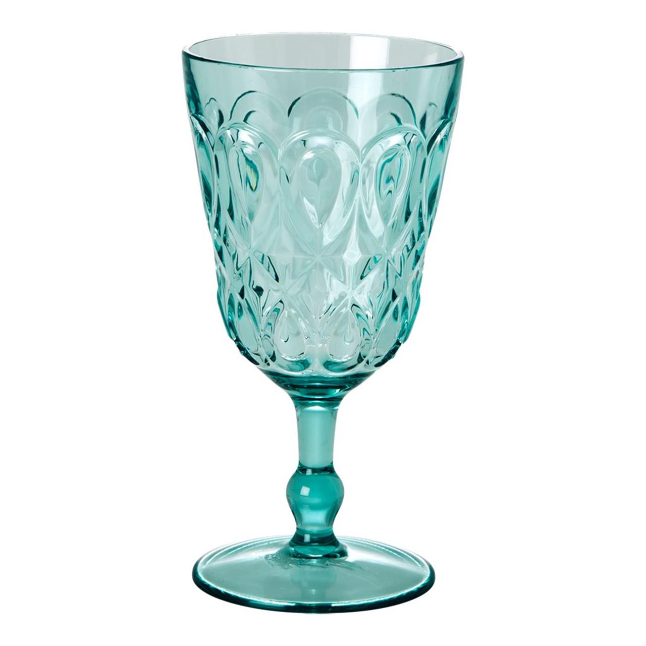 Das Bild zeigt ein Weinglas aus Acryl in Mintgrün mit geschwungenen, geprägten Mustern. Das Glas wirkt elegant und dekorativ.
