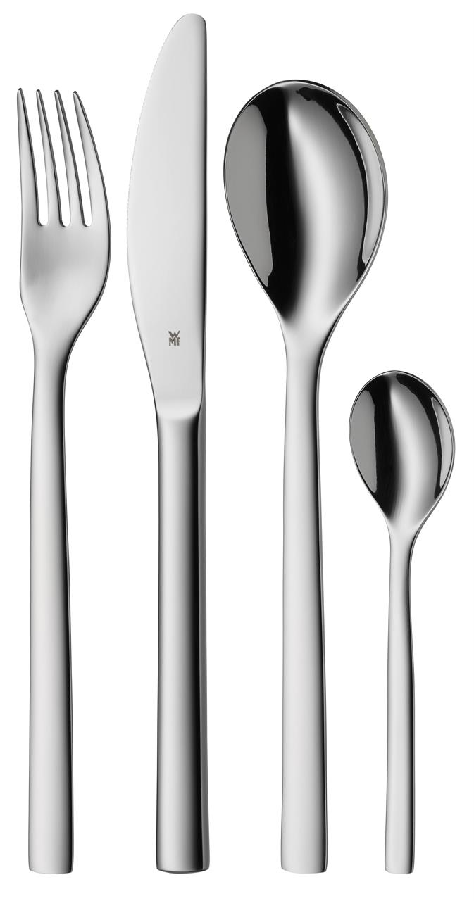 Das Bild zeigt ein vierteiliges Besteck-Set mit Gabel, Messer, großem Löffel und kleinem Löffel. Das Besteck ist aus glänzendem Edelstahl gefertigt und hat ein schlichtes, modernes Design.