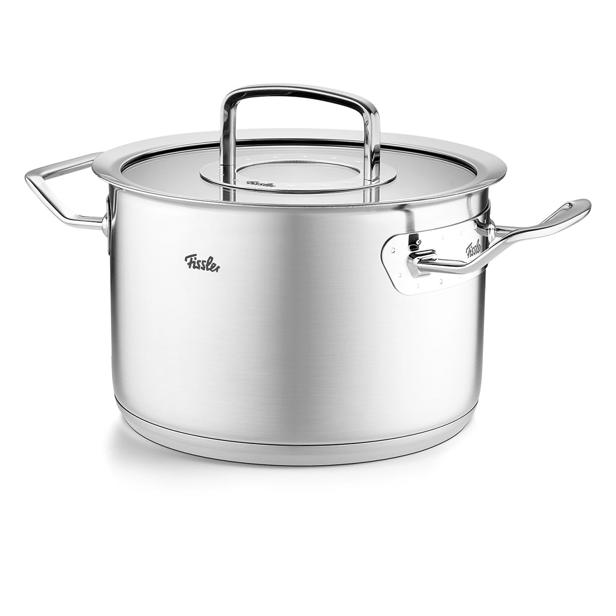Abgebildet ist ein Metalltopf aus der Fissler Original-Profi Collection. Der Topf ist rund und leicht glänzend.