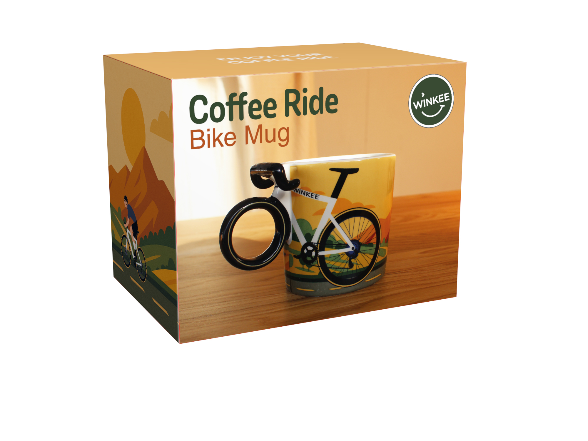 Das Bild zeigt den Kaffeebecher "Coffee Ride". Der Becher ist mit einem Fahrrad- und Kaffeethema versehen.