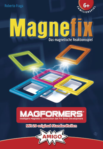 Das Bild zeigt die Verpackung des Spiels "Magnefix" von Amigo. Auf dem Cover sind bunte magnetische Rahmen zu sehen und das Spiel ist für Kinder ab 6 Jahren geeignet.
