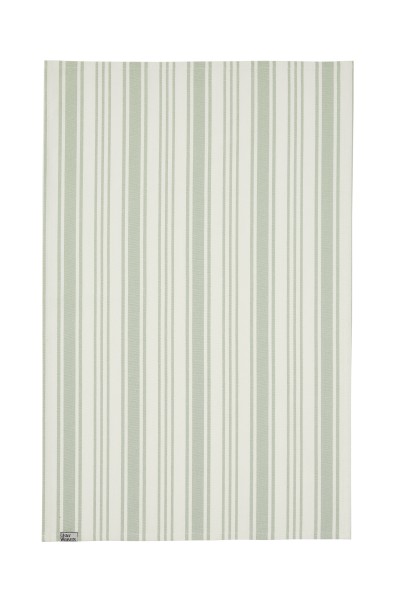 Das Bild zeigt ein Geschirrtuch mit grünen und weißen Streifen. Es besteht aus 100% Baumwolle und heißt "Sage Stripe".