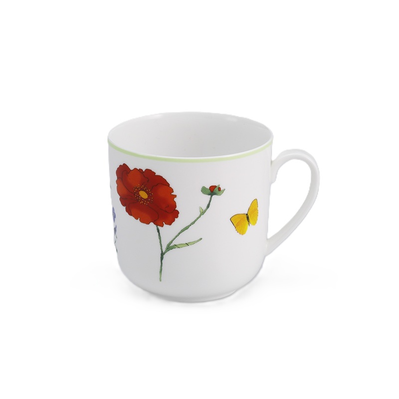 Der Becher mit Henkel Summergarden Fine Bone China ist abgebildet. Er hat ein Fassungsvermögen von 0,32 Litern.
