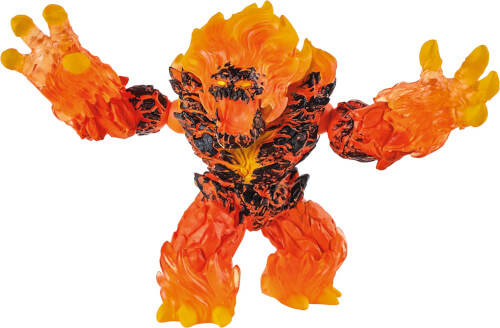 Die Figur sieht aus wie ein feuerspeiendes Monster aus Kunststoff. Sie hat orange, gelbe und schwarze Farben und wirkt, als würde sie aus Flammen bestehen.