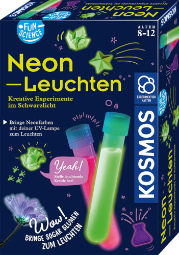 Auf dem Bild ist eine Verpackung für ein Experimentierset namens "Neon-Leuchten" zu sehen. Das Set ist für Kinder von 8 bis 12 Jahren geeignet und ermöglicht kreative Experimente mit Schwarzlicht und leuchtenden Farben.