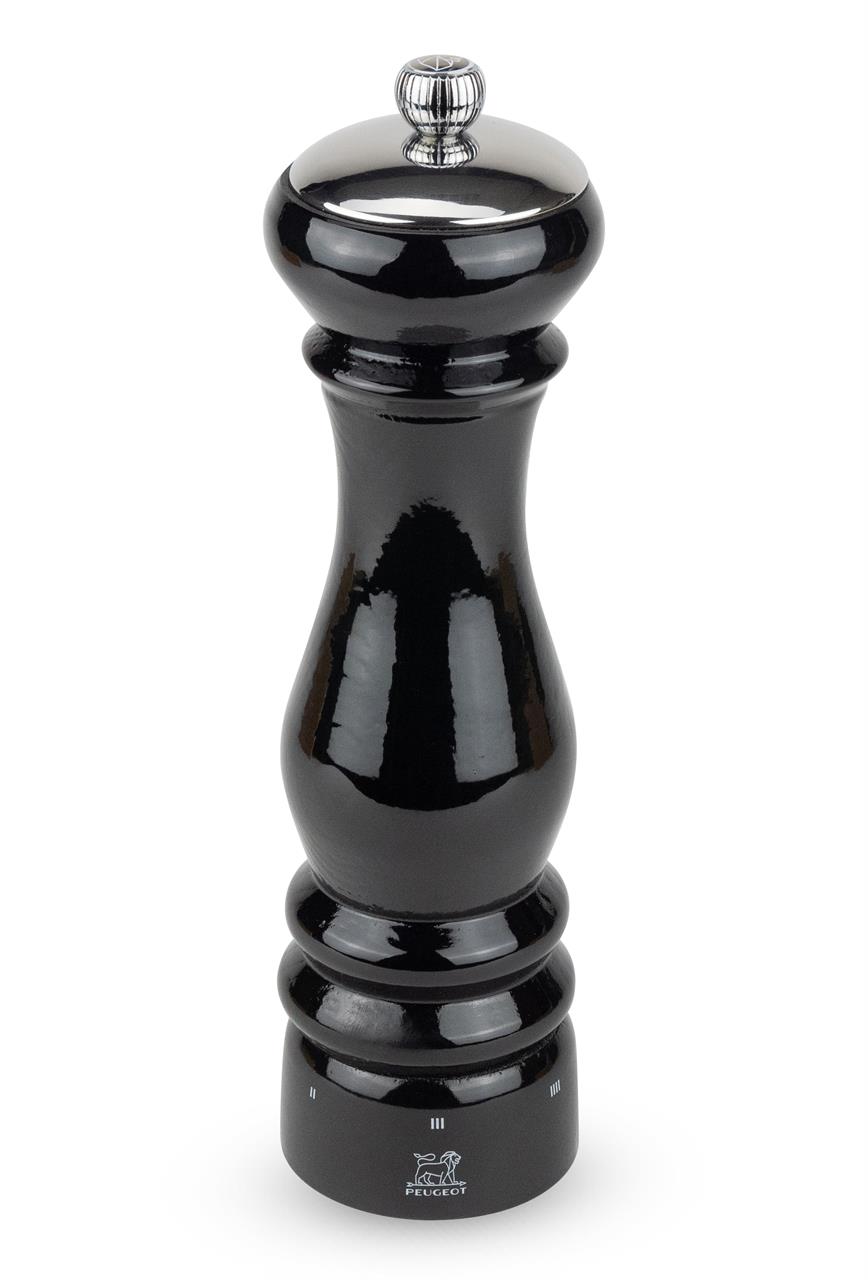 Dies ist eine Salzmühle Paris Icône Schwarz USelect mit einer Höhe von 22 cm. Sie hat ein elegantes, schwarzes Design und einen silbernen Knauf.