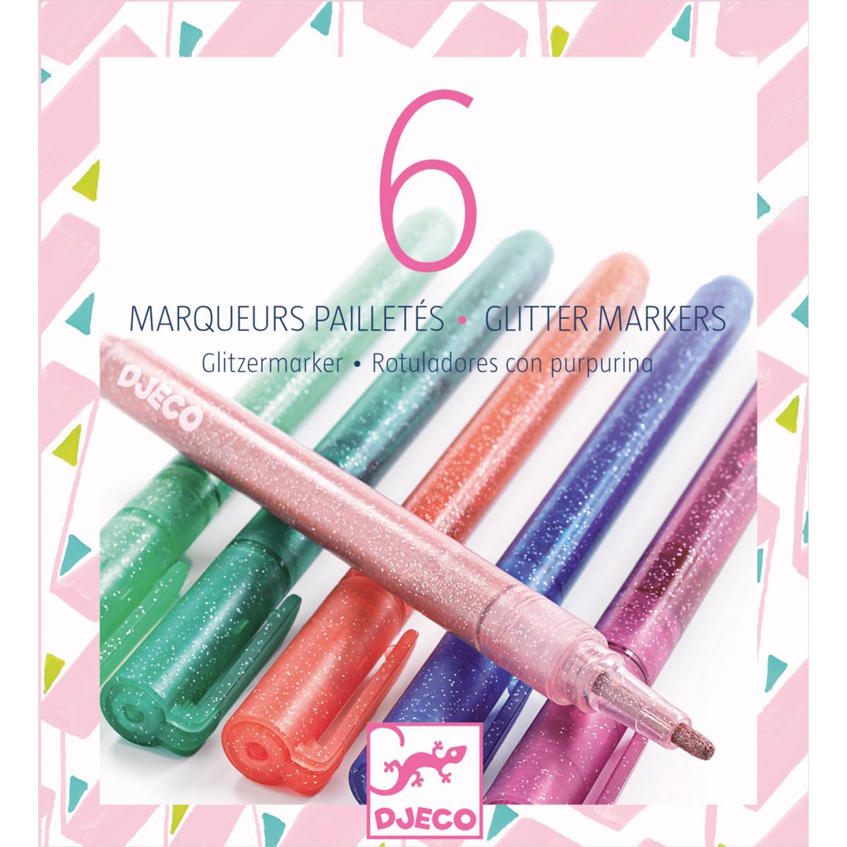 Das Bild zeigt sechs glitzernde Filzstifte in verschiedenen Farben der Marke Djeco. Die Stifte heißen "Farben Glitzermarker Sweet" und sind auf einer bunten Verpackung abgebildet.