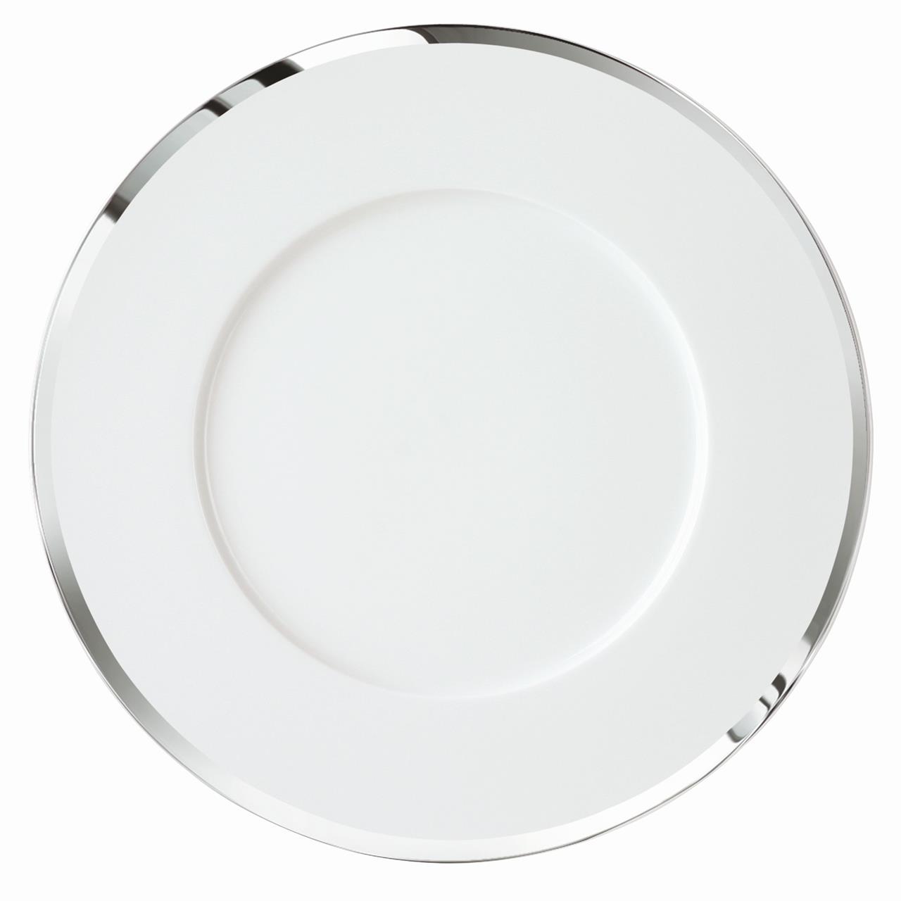 Der Teller ist weiß und hat einen glänzenden, platinfarbenen Rand. Das schlichte Design wirkt elegant und zeitlos.