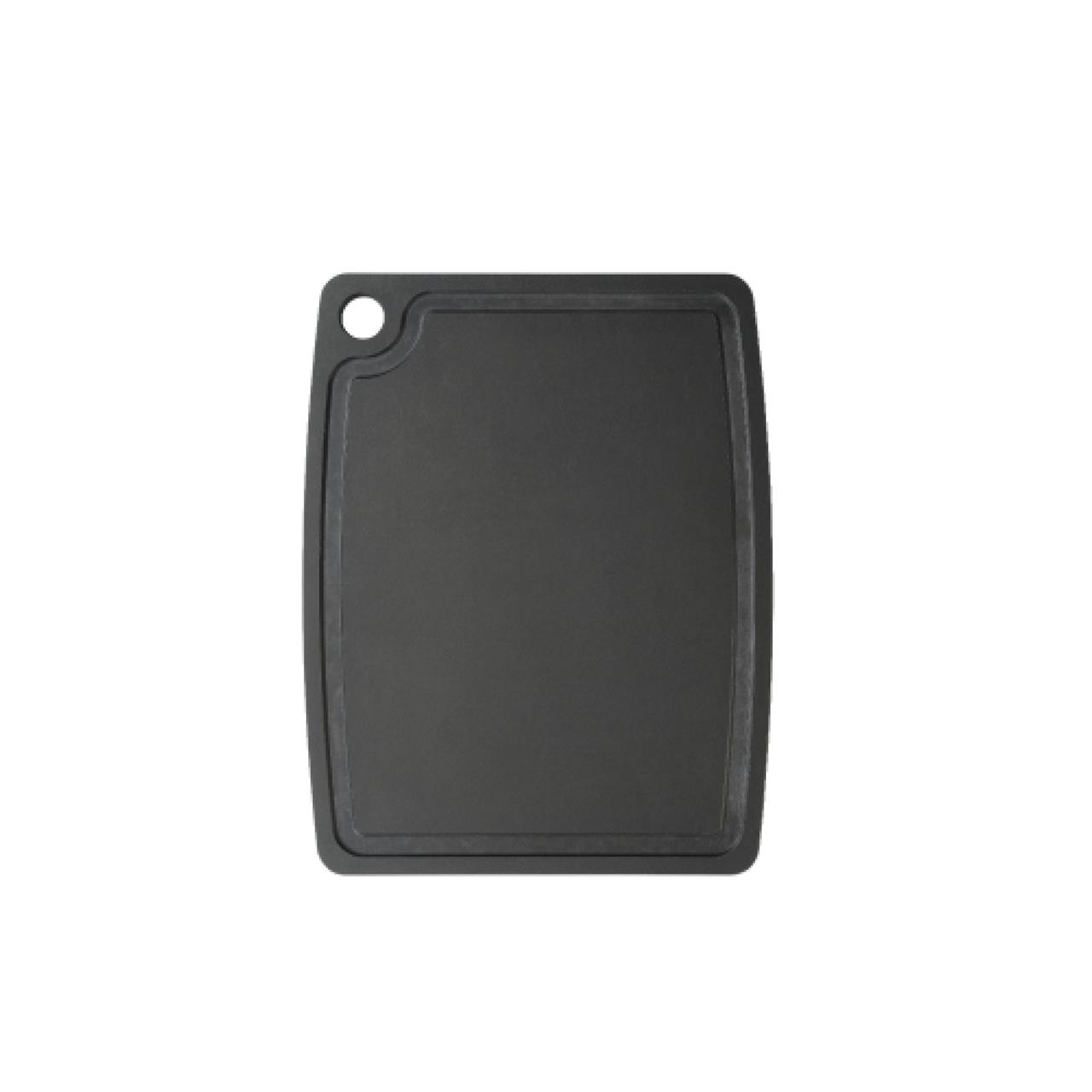 Dies ist ein rechteckiges Schneidebrett in schwarzer Farbe. Es hat eine Größe von 44 x 32,5 cm und gehört zur Reihe Gourmet Professional.