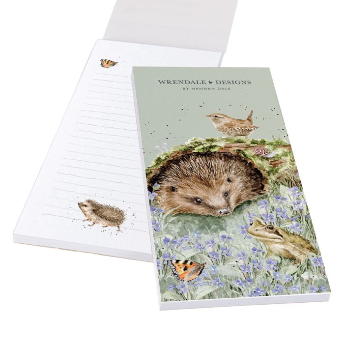 Das Bild zeigt den Einkaufsblock Igel 'The Wild Patch'. Ein niedlicher Einkaufszettel mit einem Igelmotiv.