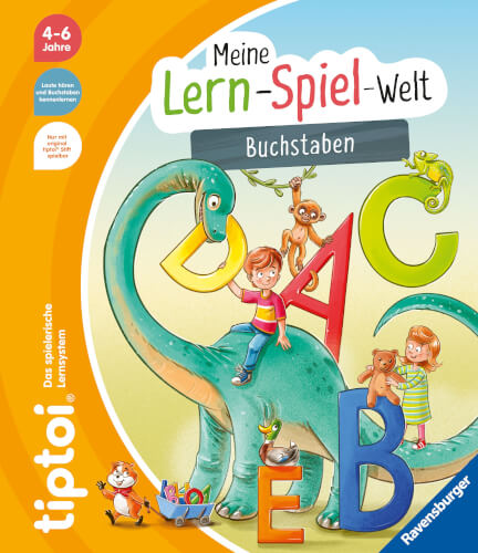 Auf dem Bild ist ein großes grünes Dinosaurier mit Kindern zu sehen, die auf und um ihn herum spielen. Bunte Buchstaben sind rundherum verteilt und ein Schild mit dem Wort "Buchstaben" hängt am Hals des Dinosauriers.