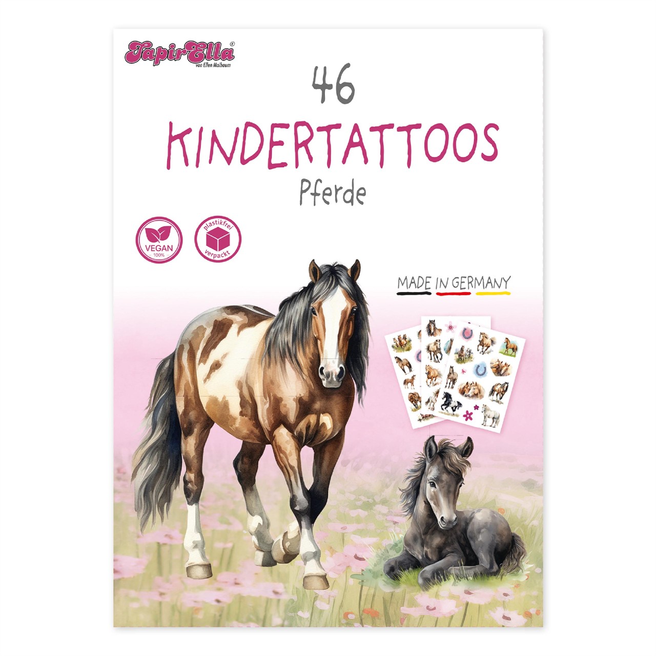 Auf dem Bild ist ein Set mit 46 Kindertattoos mit Pferdemotiven zu sehen. Auf der Verpackung sind ein stehendes Pferd und ein liegendes Fohlen abgebildet.
