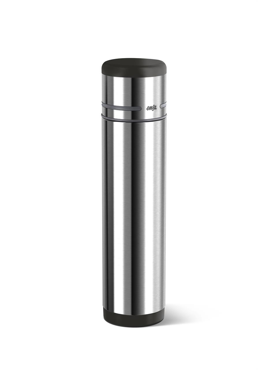 Die Abbildung zeigt eine silberne Isolierflasche mit schwarzem Deckel. Es handelt sich um das Produkt „Isolierflasche Mobility Schwarz-Anthrazit 0,5L“.