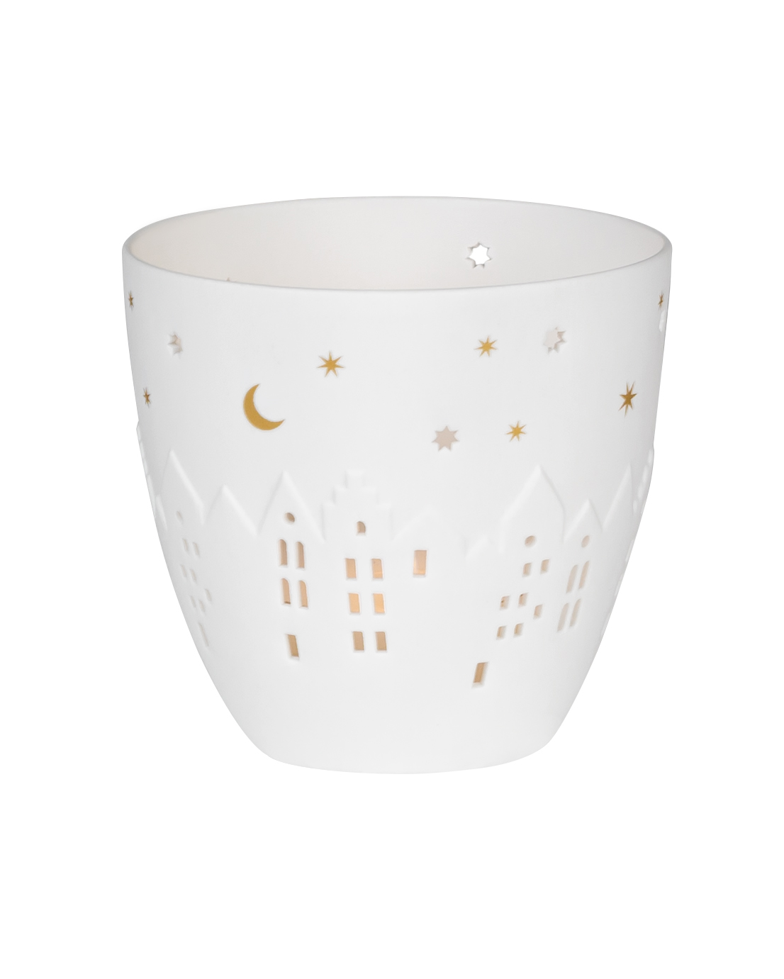 Das Bild zeigt einen weißen Teelichthalter mit ausgeschnittenen Fenstern und Häusern. An der oberen Seite sind goldene Sterne und ein Mond abgebildet.