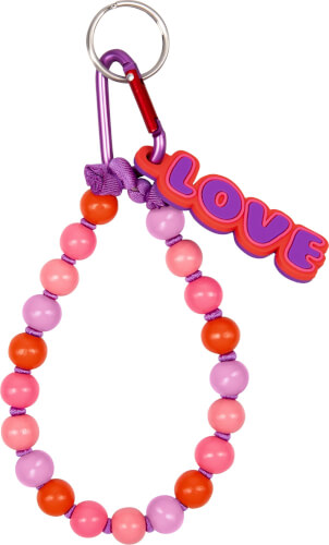 Auf dem Bild ist ein bunter Schlüsselanhänger mit Perlen in Rosa, Lila und Orange zu sehen. An dem Anhänger hängt ein Schild mit dem Wort "LOVE" in großen Buchstaben.