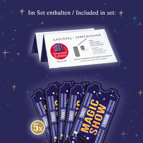 Das Bild zeigt eine Anleitung auf Deutsch und Englisch sowie fünf Eintrittskarten für eine Zaubershow. Im Hintergrund sind Sterne auf einem dunklen, lila-blauen Himmel zu sehen.