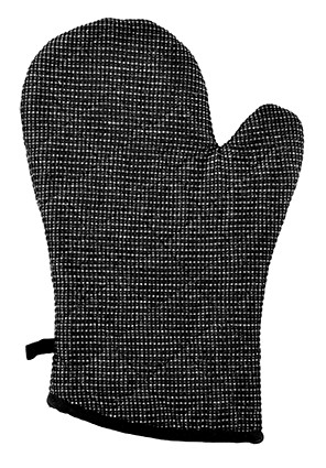 Auf dem Bild ist ein Ofenhandschuh in Weiß und Schwarz zu sehen. Er besteht aus 50% Bio-Baumwolle und 50% Leinen.