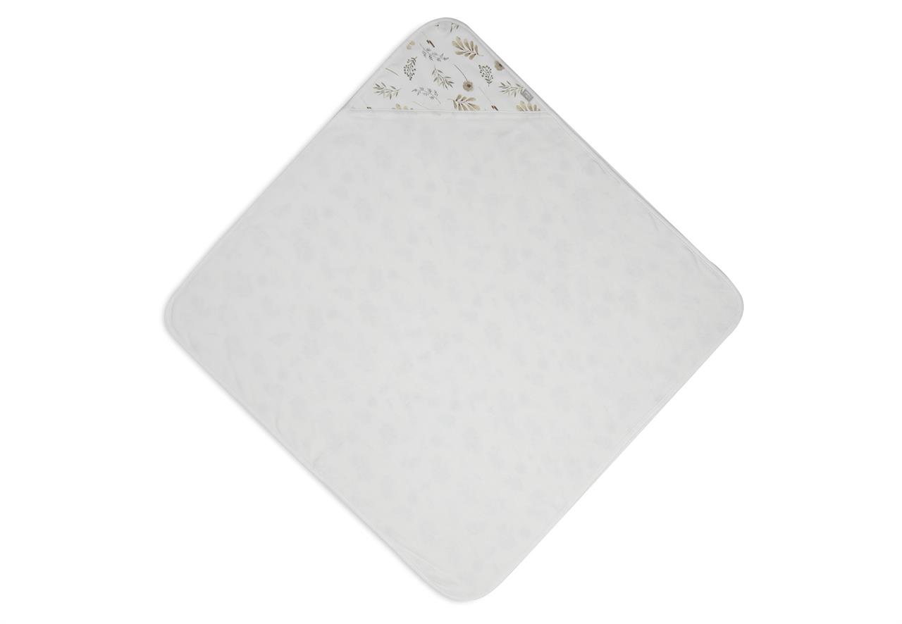 Das Bild zeigt ein weißes Kapuzenhandtuch mit den Maßen 75x75 cm. Die Kapuze ist mit einem Muster aus wilden Blumen verziert.