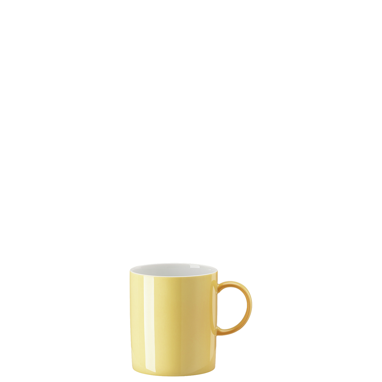 Auf dem Bild ist ein Becher mit Henkel in der Farbe Soft Yellow zu sehen. Der Becher hat ein Fassungsvermögen von 0,3 Litern und gehört zur Serie Sunny Day.