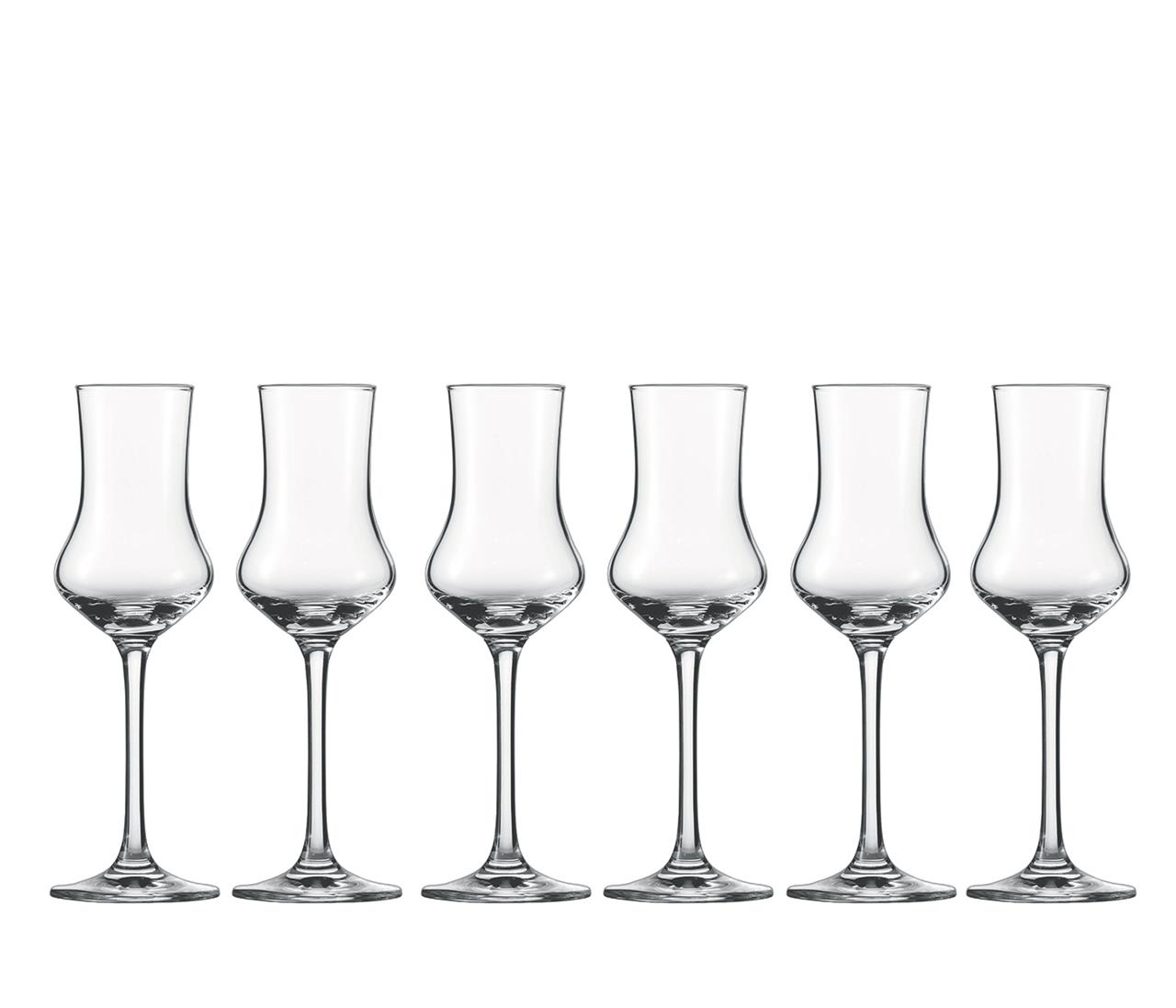 Das Bild zeigt ein Set von sechs eleganten Digestifgläsern. Das Produkt heißt "A 6er Digestif Set Classico".
