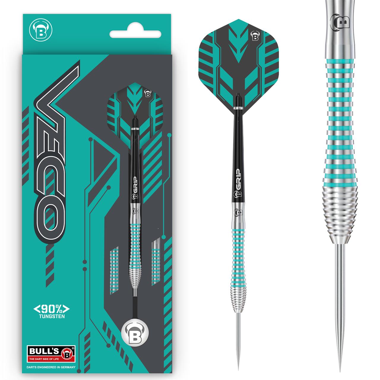 Das Bild zeigt den BULL'S® Veco V2 Steel Dart 25g in seiner Verpackung. Der Dartpfeil hat ein modernes Design mit silbernen und türkisfarbenen Rillen sowie einem passenden Flight.