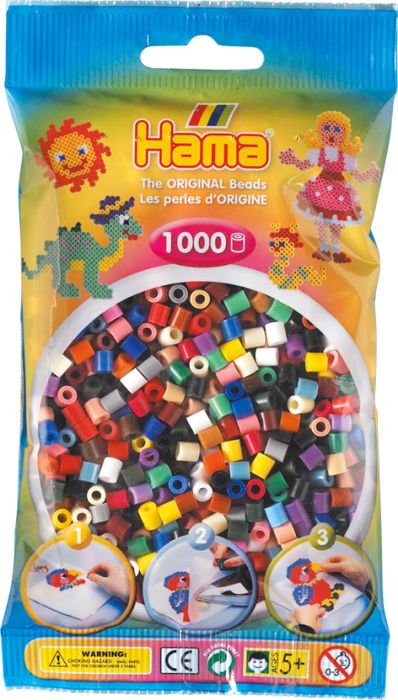 Die Verpackung zeigt eine Tüte mit 1000 bunten Hama-Perlen. Auf der Vorderseite sind Beispiele für Bastelideen mit den Perlen abgebildet.