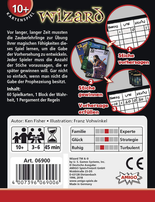 Das Bild zeigt die Rückseite des Kartenspiels "Wizard" mit einer kurzen Spielbeschreibung und den Spielinhalten. Es werden die Altersfreigabe, Spieldauer, Spieleranzahl und weitere wichtige Informationen zum Spiel dargestellt.