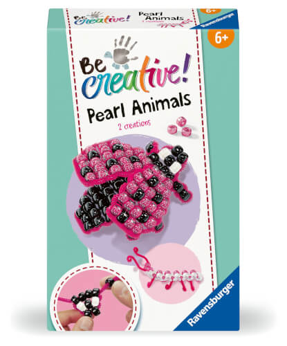 Auf dem Bild ist eine Bastelset-Verpackung mit dem Namen "Be creative! Pearl Animals" zu sehen. Das Set ist für Kinder ab 6 Jahren geeignet und enthält Materialien, um zwei Perlen-Tierchen zu basteln.